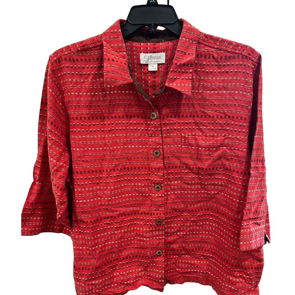 CJ Banks Womens Red Textured Stripe 3/4 Sleeve Button Up Shirt Top Jacket 2X